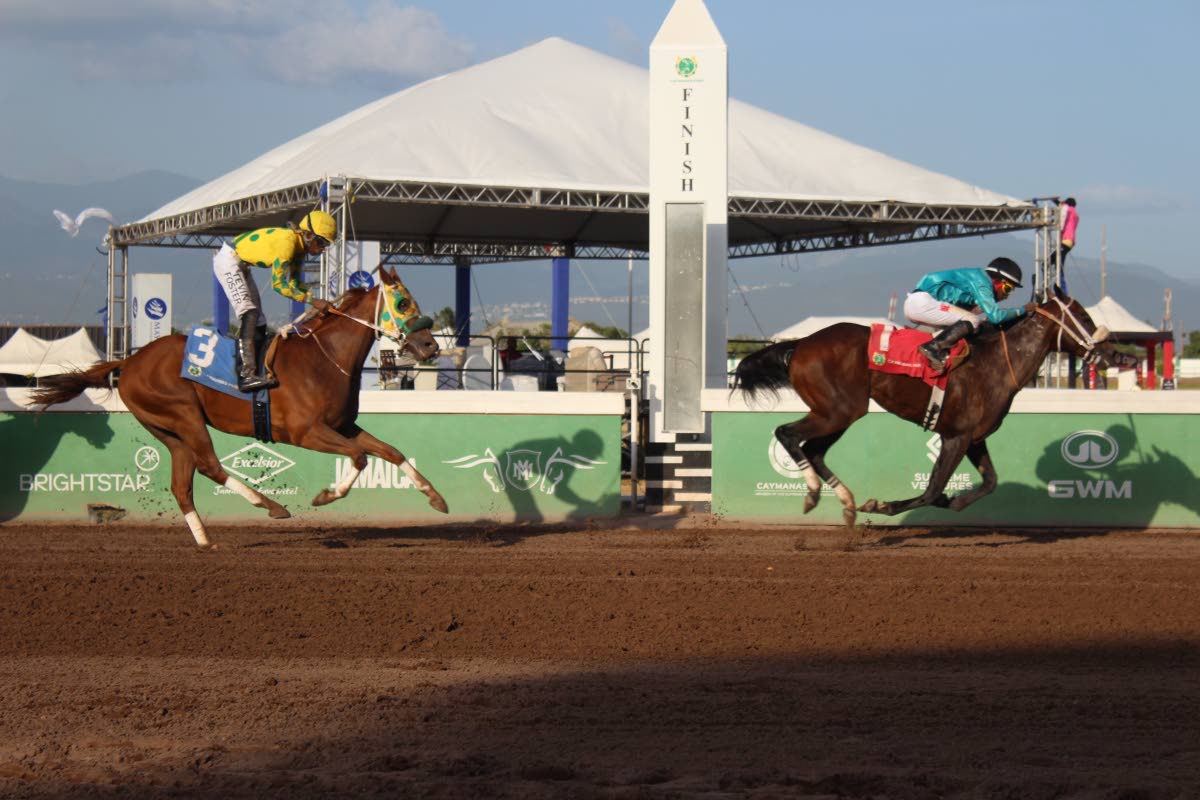 DESERT OF MALIBU (right), ridden by Tajay Suckoo, wins the 30th running of the Thoroughbred Racing Hall-of-Fame Stakes Trophy ahead of CALIFORNIA CROWN (Tevin Foster) at Caymanas Park on Saturday, July 18.