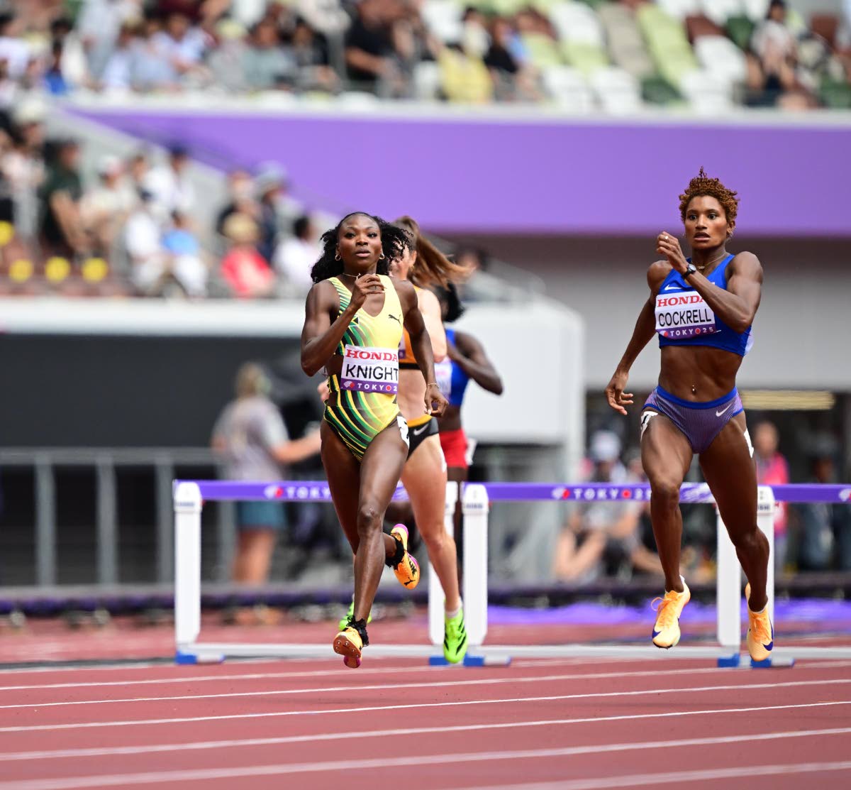 Jamaica’s Andrenette Knight competes in the heats of the women's 400m hurdles at the World Athletics Championships in Tokyo, Japan on September 15, 2025. 
