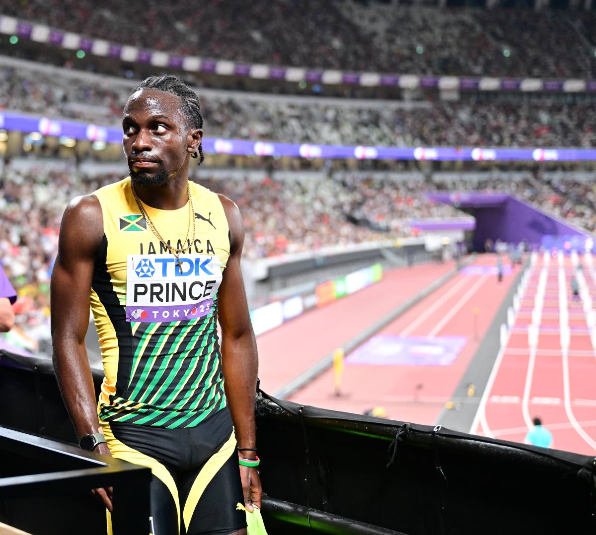Demario Prince, moments after competing in heat three of the World Athletics Championships qualifiers at the Japan National Stadium in Tokyo yesterday.