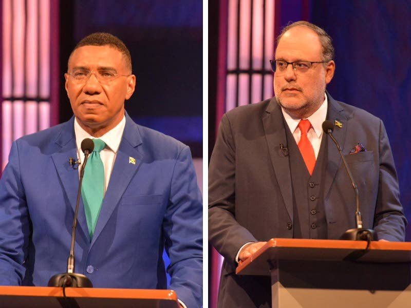 Prime Minister Dr Andrew Holness and Opposition Leader Mark Golding, at the leadership election debate for the 2025 general election.