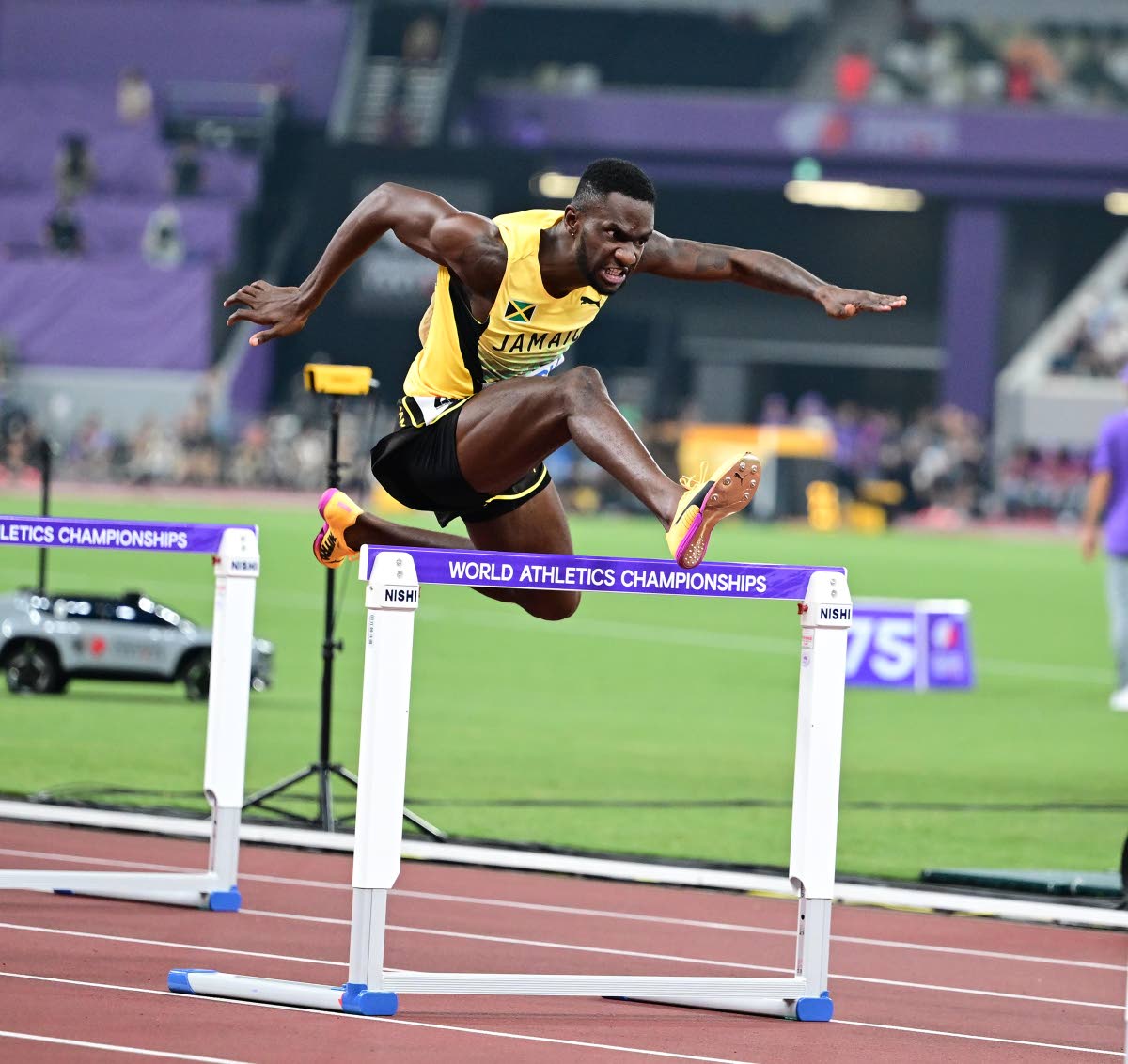 Malik James-King competes in heat two of the men’s 400-metre hurdles semi-finals at the World Athletics Championships inside the Japan National Stadium in Tokyo yesterday. He finished fourth in 48.01 seconds, failing to advance to the final. 