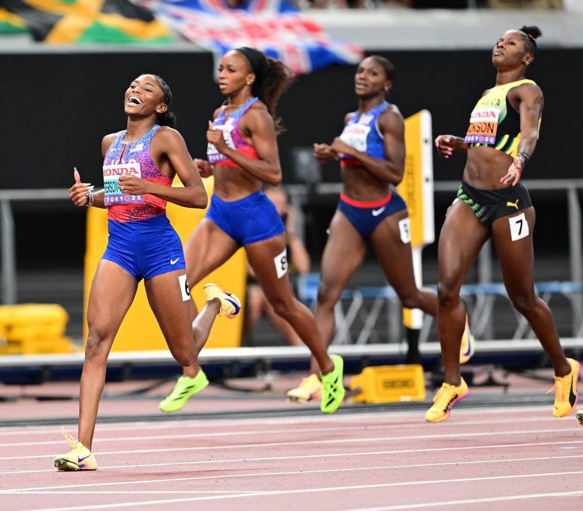 American Melissa Jefferson-Wooden (left) celebrates gold in the women’s 200 metres final on day seven of the 2025 World Athletics Championships. Jamaica’s Shericka Jackson (right) placed third. Jefferon-Wooden won in a world leading 21.68 seconds.