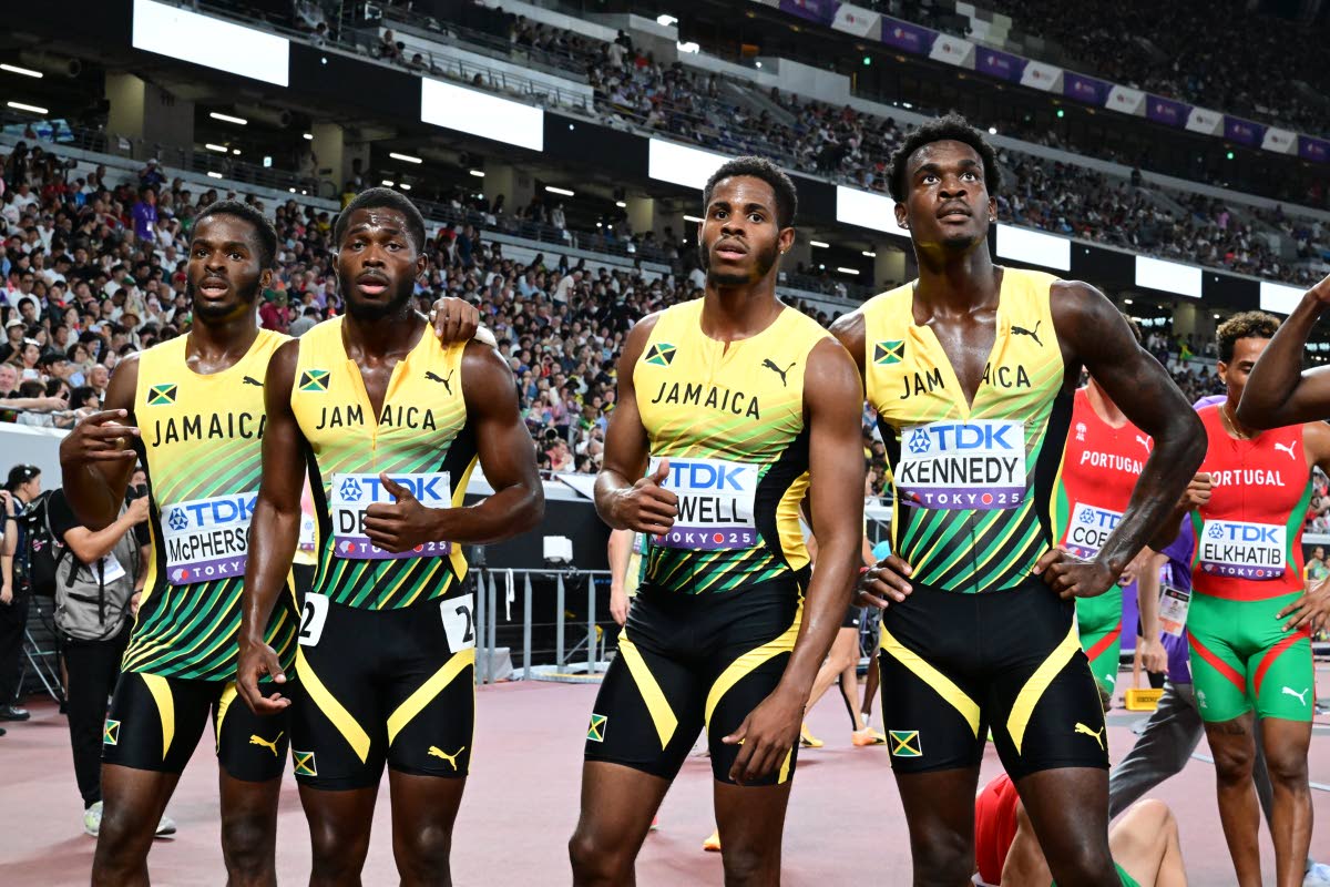 From left: Jamaica’s 4x400-metre men’s team of Bovel McPherson, Jesauna Dennis, Jevaughn Powell, and Delano Kennedy look on ahead of squeezing into the World Championships final at Japan National Stadium in Tokyo, Japan.