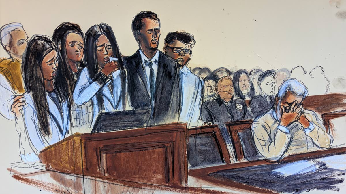 In this courtroom sketch, D’Lila Combs (left centre), makes a statement surrounded by family as Sean ‘Diddy’ Combs (right), reacts during his sentencing hearing in Manhattan federal court on Friday.