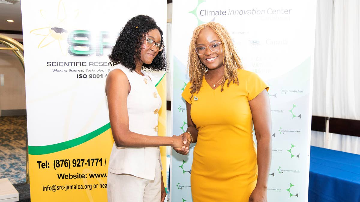 Dr Charah Watson (right), executive director of the Scientific Research Council, greets Joanna Anderson, founder of Phinetic and one of three winners of an all-expenses-paid trip to Warsaw, Poland, through the ScaleItUp Accelerator pitch competition, durin