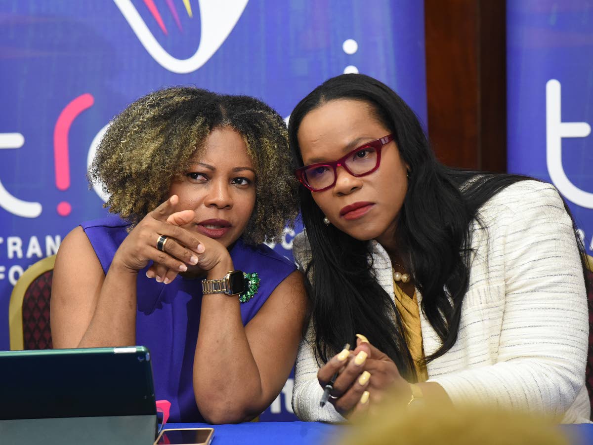 Minister of Education, Skills, Youth and Information Senator Dr Dana Morris-Dixon (left) and Dr Kasan Troupe (right), permanent secretary in the ministry at a Education Transformation Oversight Committee press conference.