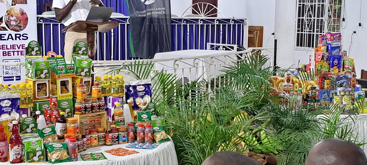Foods to be packaged and distributed by the Jamaica Union Conference of Seventh-day Adventists across the island in observance of World Food Day are placed on display at the Port Maria Seventh-day Adventist Church in St Mary on Tuesday.