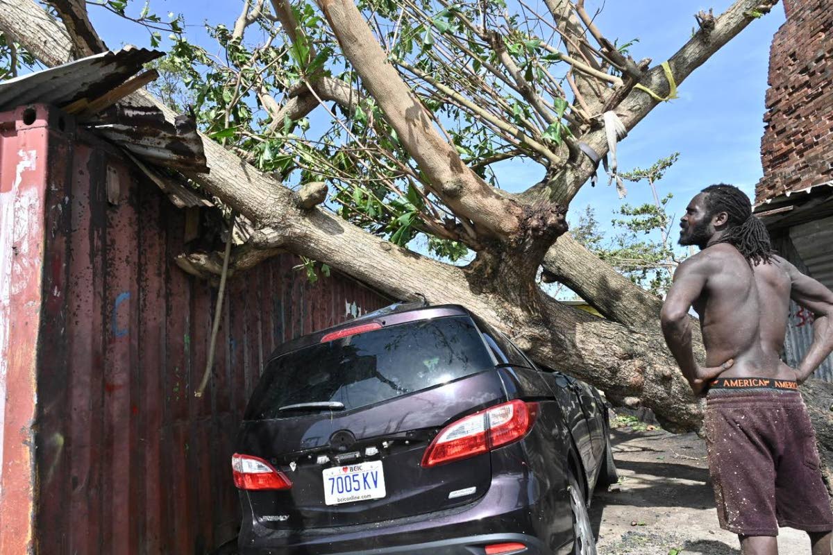 A man looks at damage caused by Hurricane Melissa in St Ann’s Bay.
