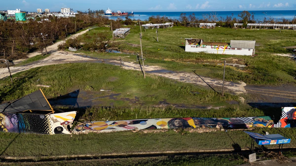 Scorched trees encircle the Catherine Hall Entertainment Centre in Montego Bay in the aftermath of Hurricane Melissa.