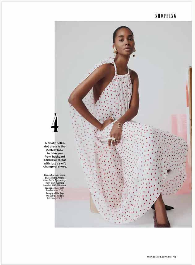 Polka dots are in for spring. Williams makes the case in a Bianca Spender dress teamed with Studio Amelia shoes, Aje earrings, Temple of the Sun and Dinosaur Designs rings, and Alemias bracelet. 