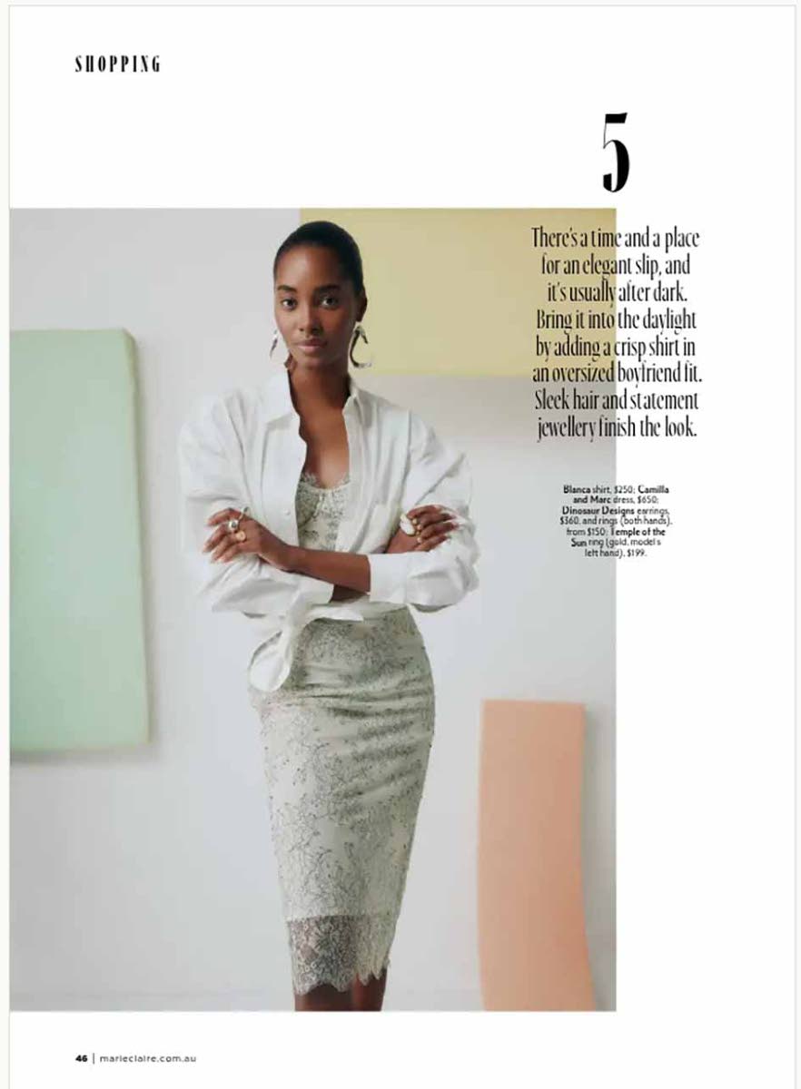 SAINT model Tami Williams slips into a Camilla and Marc dress, a Bianca shirt, Dinosaur Design earrings and rings, and a Temple of the Sun ring for ‘Marie Claire Australia’.