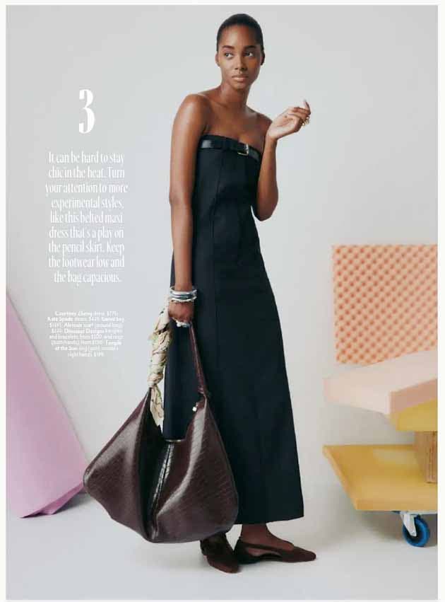 Stylist Rachel Wayman curated this ensemble of a Courtney Zheng dress, Kate Spade shoes, Ganni bag, Alemais scarf,  Dinosaur Designs bangles and bracelets, and Temple of the Sun rings. 