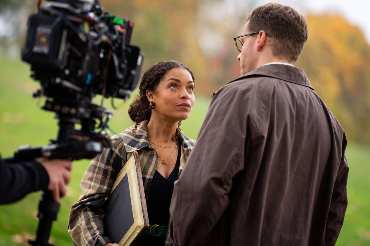 Antonia Thomas (left) and Josh Dylan appear on the set of the Agatha Christie series ‘Tommy & Tuppence’ in Beaconsfield, England, on Wednesday.