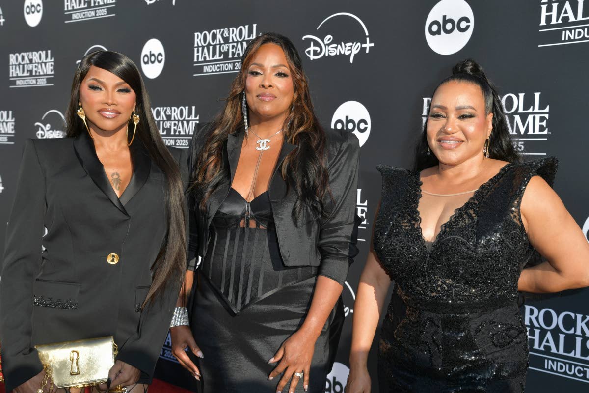 From left, Sandra Denton, DJ Spinderella and Cheryl James of Salt-N-Pepa arrive at the 2025 Rock and Roll Hall of Fame induction ceremony.