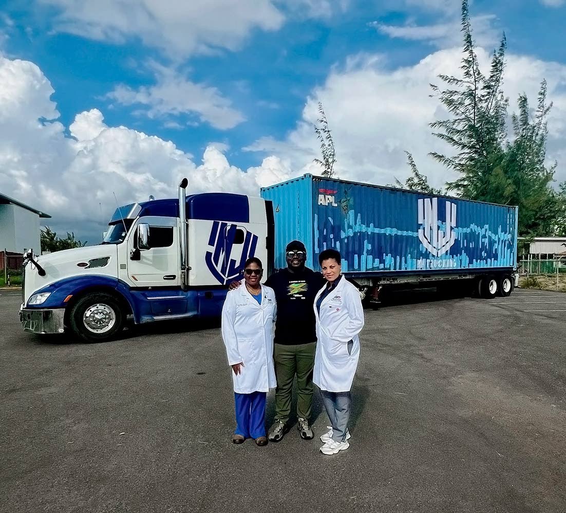 From left: Dr Dahlia Blake of Memorial Healthcare System; Captain Barrington Irving Jr, pilot and educator; and Dr Je‑Anne Beaufort of Memorial Healthcare System, after delivering more than 100,000 pounds of medical supplies to Jamaica in the wake of Hur