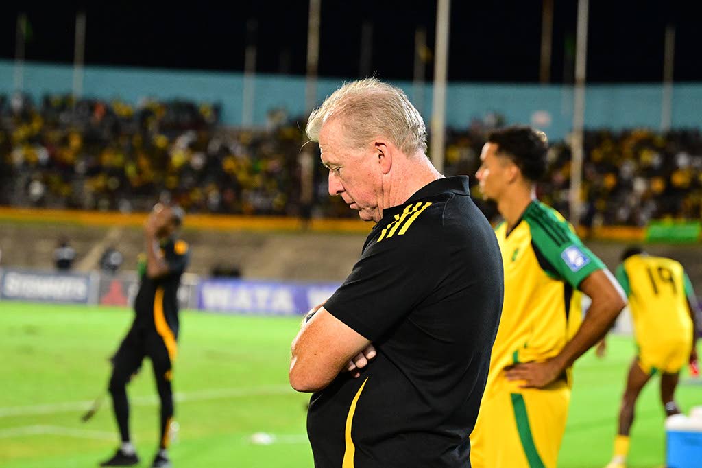 Former Reggae Boyz coach, Steve McClaren paints a dejected picture after a 0-0 draw with Curacao in a Concacaf World Cup Qualifier at the National Stadium on Tuesday.
