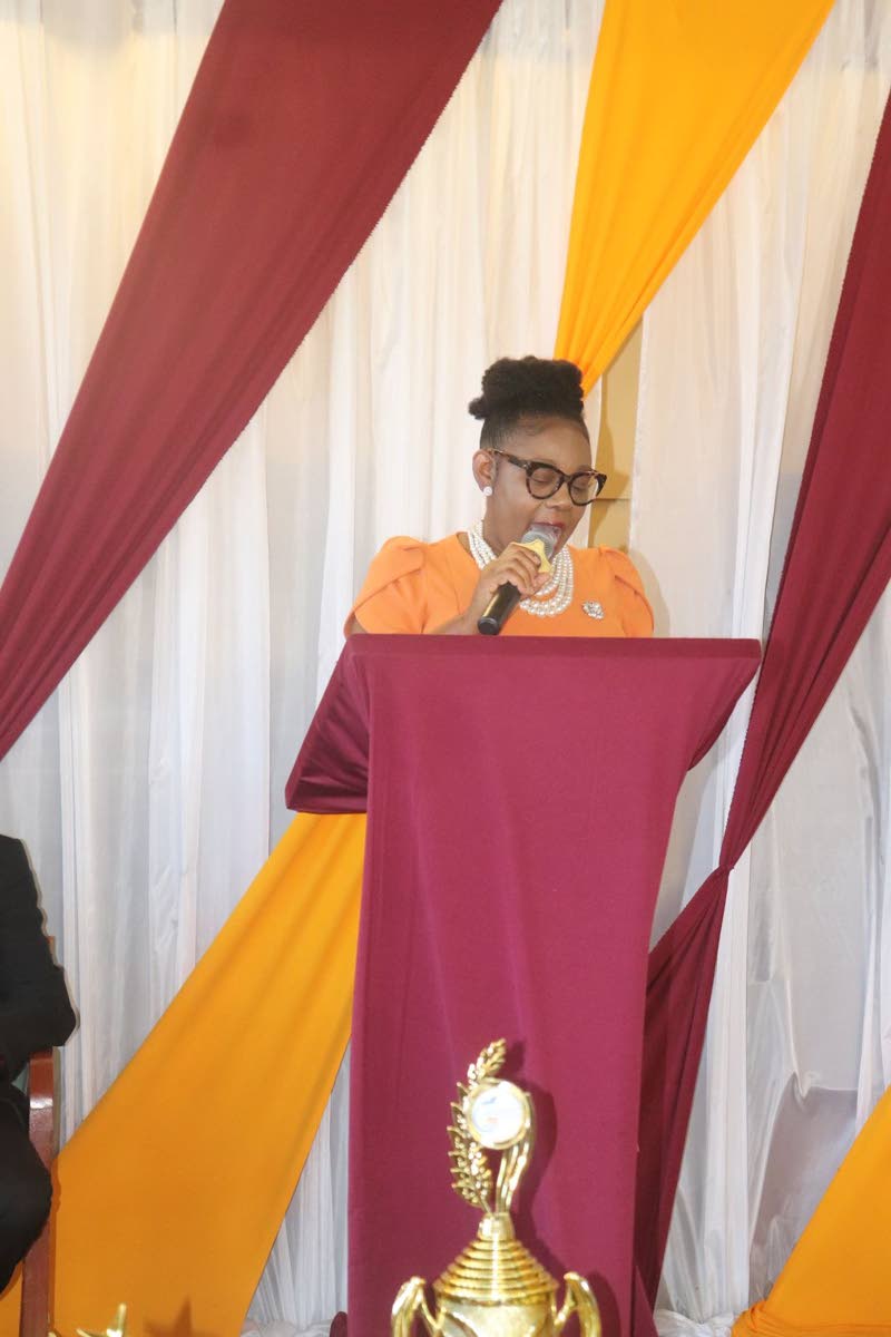 Dr Euphemia Burke-Robinson addresses the  Parent-Teachers’ Association award ceremony at the Enos Barrett Multi-Purpose Hall, Linstead, on November 19.
