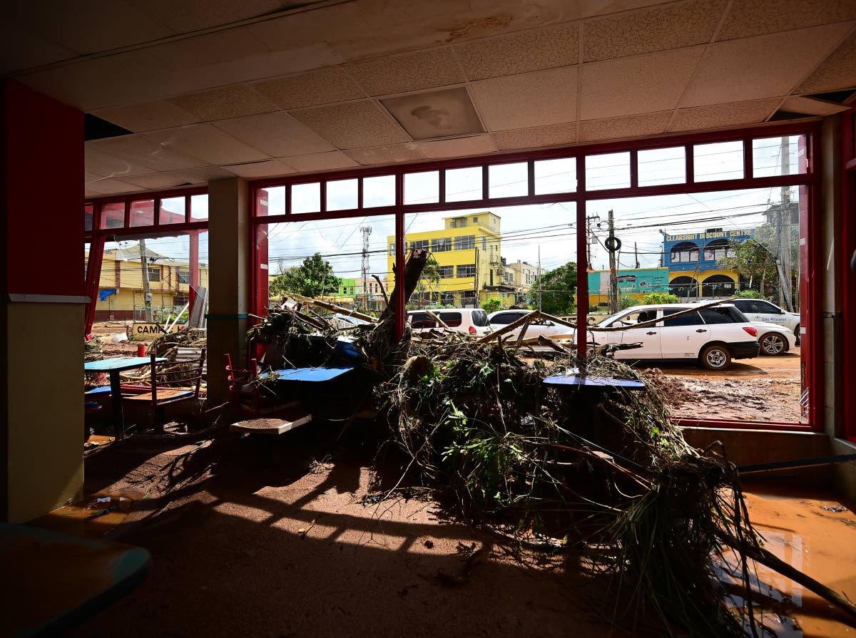 Damaged interior of Mother's restaurant in Santa Cruz, St Elizabeth after Hurricane Melissa.