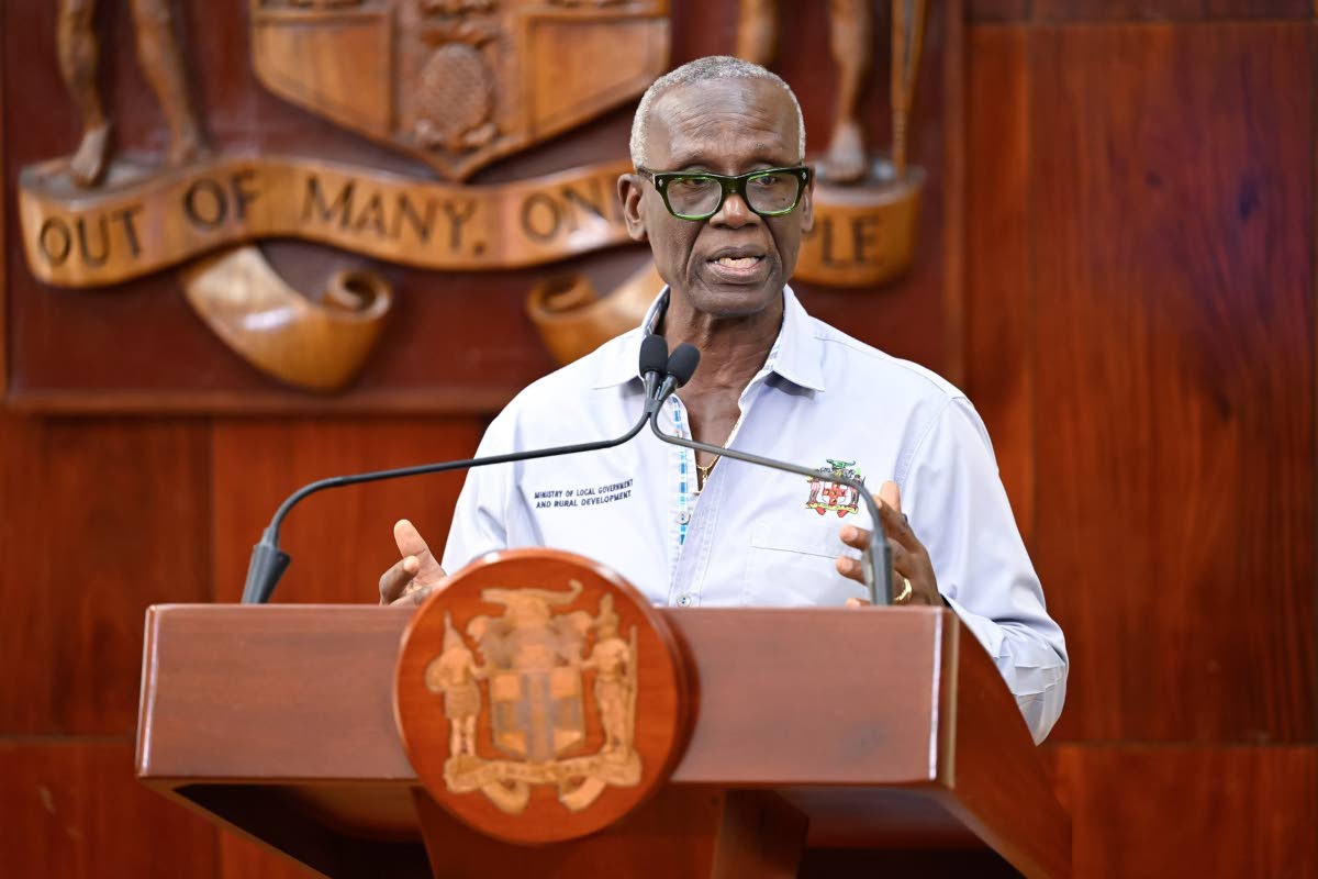 Minister of Local Government and Community Development, Desmond McKenzie, addresseing a special press briefing on Hurricane Melissa recovery at Jamaica House on November 26.