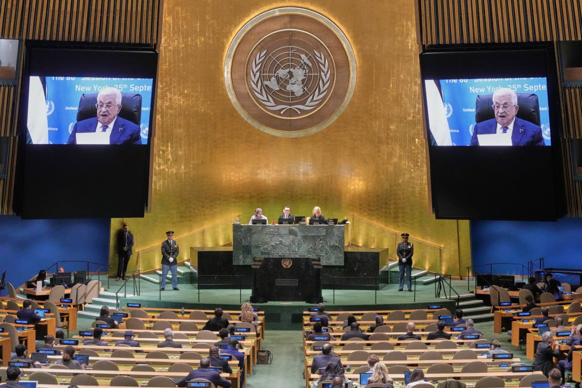Palestine President Mahmoud Abbas addresses the 80th session of the United Nations General Assembly via video, on September 25.