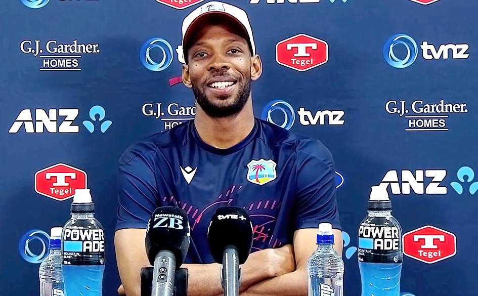 A happy Roston Chase speaking during the post-match press conference following the drawn Test between West Indies and New Zealand.