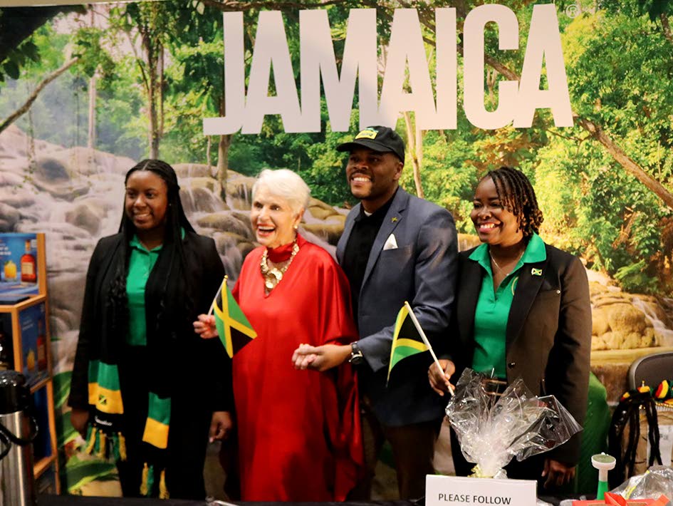 Organiser of Winternational international embassy showcase, Jan Du Plain (second from left), shares a photo opportunity at Jamaica’s booth with (from left) Counsellor Brittany McCera, Community Relations Officer Emile Wallace Waddell, and Minister Counse