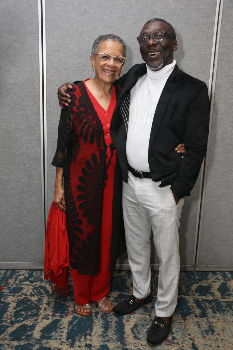 Fae Ellington and Owen ‘Blakka’ Ellis pose backstage during Christmas Comedy Cook-Up, where Ellington presented a citation to Ellis for his contribution to Jamaican stand-up comedy. 