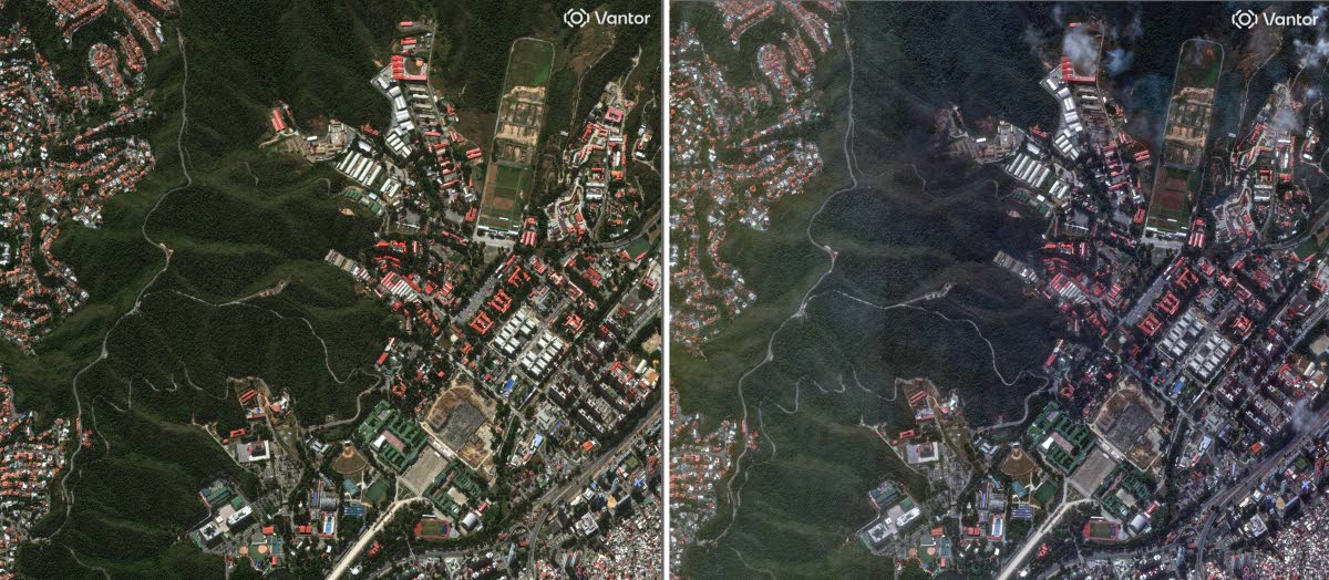 This satellite image provided by Vantor shows )from left) the Fuerte Tiuna neighborhood of Caracas, Venezuela, on December 22, 2025 and Fuerte Tiuna neighborhood after US strikes on Saturday.