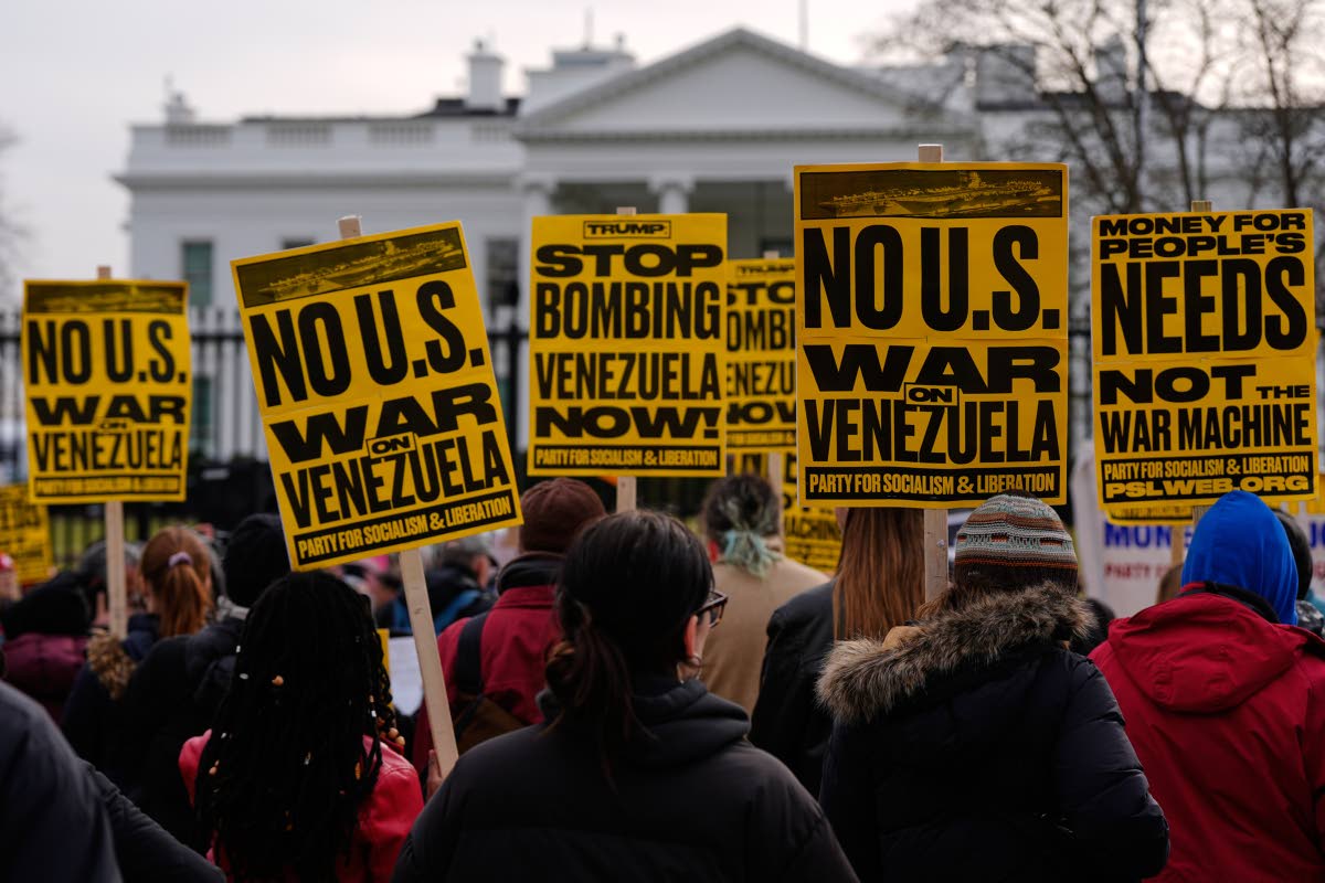 
Protesters rally outside the White House in Washington, DC, on Saturday after the US captured Venezuelan President Nicolás Maduro and his wife in a military operation.