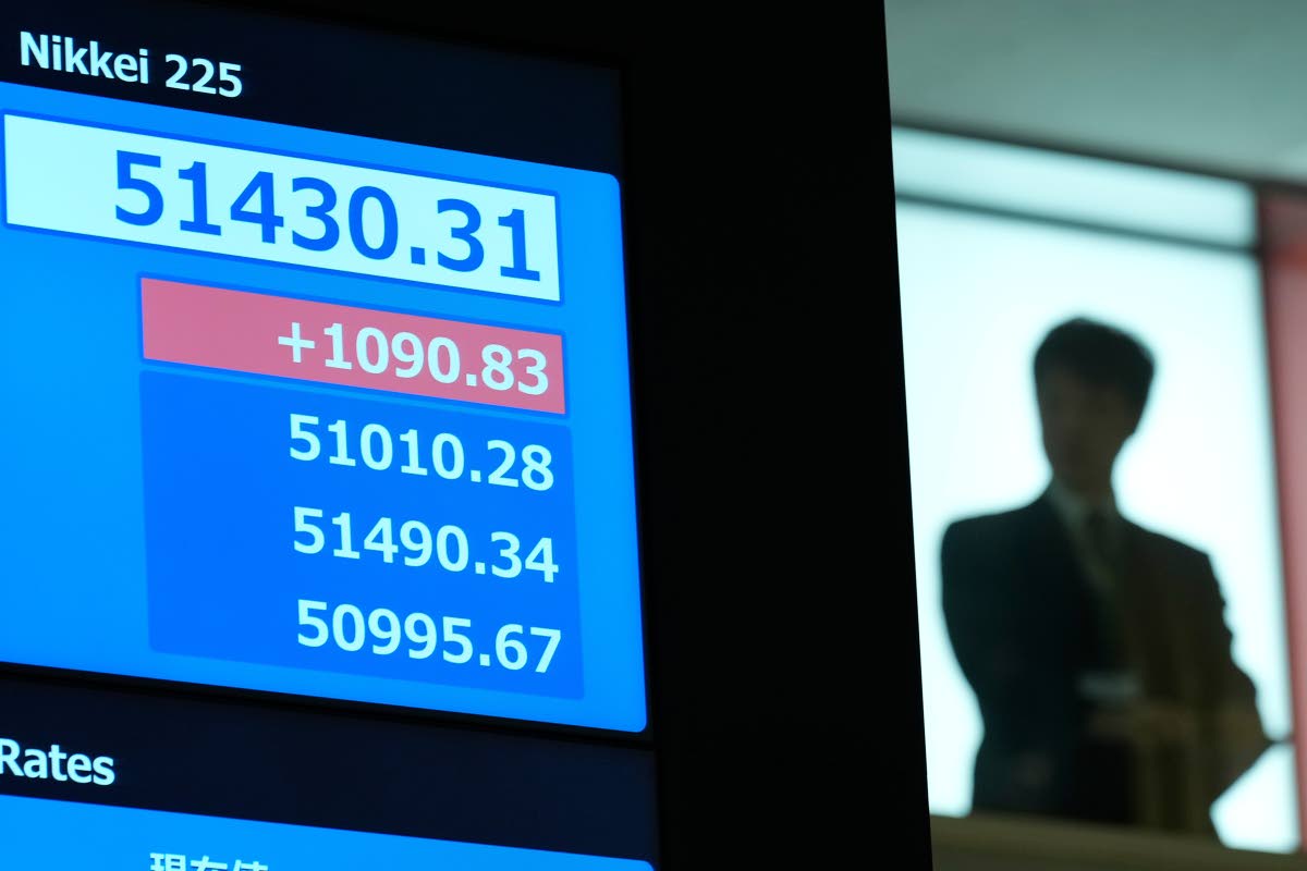 A staff stands near a monitor showing Nikkei 225 index after a ceremony marking the start of this year's trading Monday, January 5, 2026, in Tokyo. (AP Photo)
