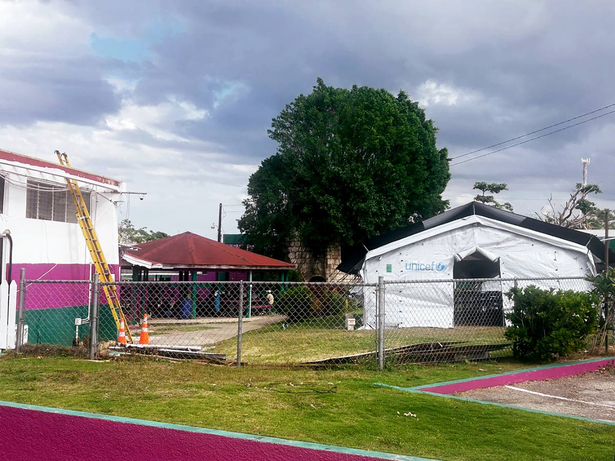 A view of one of eight tents erected on the compound of the William Knibb Memorial High School in Trelawny, to serve as classroom spaces for the institution’s students following damage to the property during the passage of Hurricane Melissa on October 28