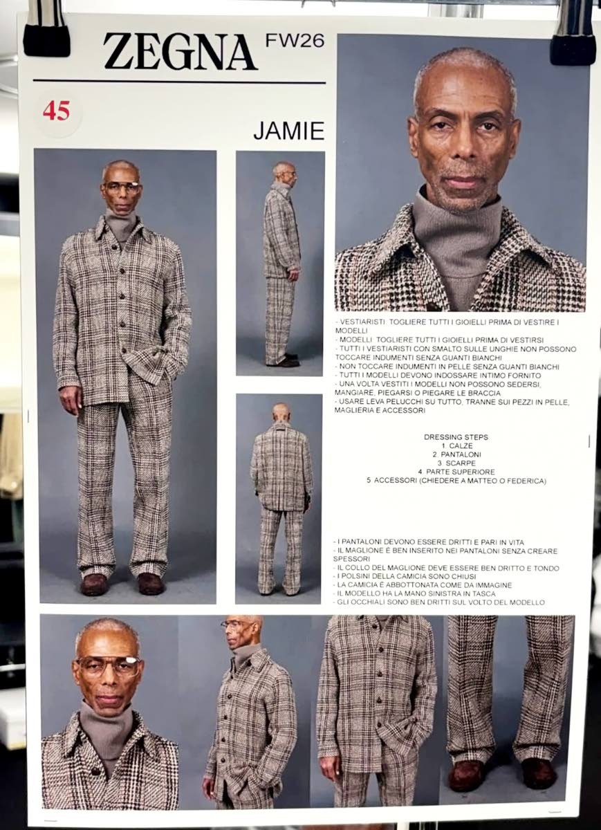 Melbourne’s garment tag for his Zegna show appearance. The runway show featured 56 looks from the Italian luxury fashion house’s creative director, Alessandro Sartori, and was styled by fashion editor Julie Ragolia.