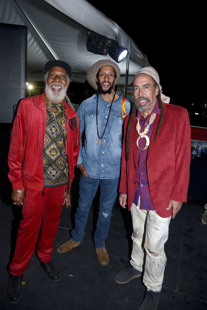 From left, Big Youth, Julian Marley and Cat Coore hold a reasoning at the February 2020 edition of Red Rose For Gregory.