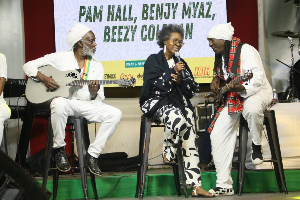From left, Beezy Coleman, Pam Hall and Benjy Myaz performing at JaRIA tribute Remembering the Crown Prince Dennis Brown on February 1 at the Edna Manley College of Visual and Performing Arts in Kingston.