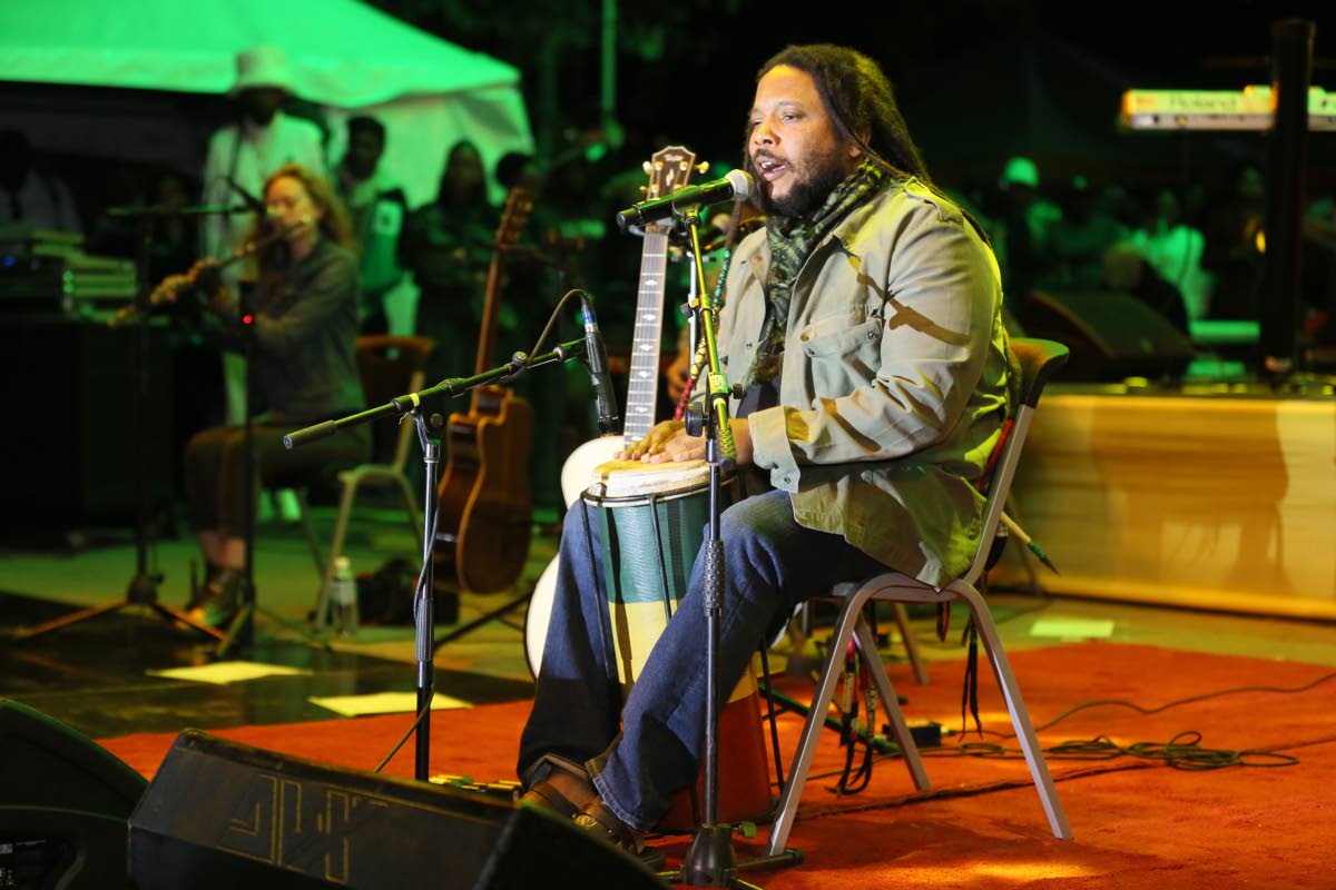 Stephen Marley plays the drums at the Bob Marley Tribute Concert.