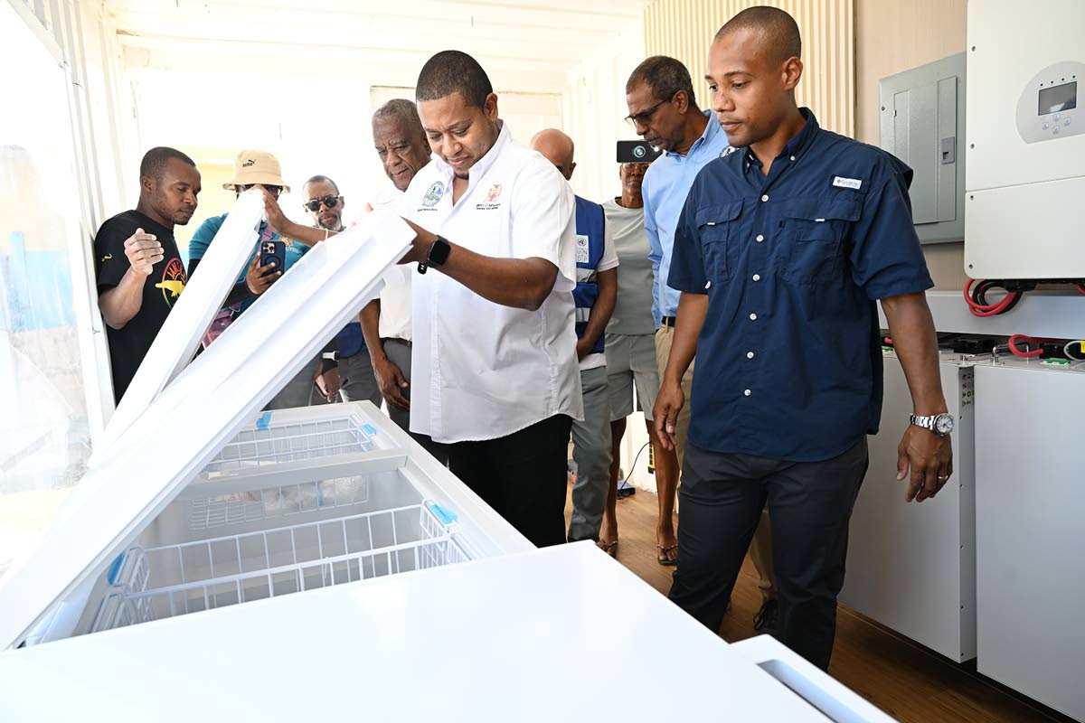 Minister of Agriculture, Fisheries and Mining Floyd Green (third right) looks at the interior of a refrigerated unit inside the solar-powered community energy centre in Galleon, donated by the United Nations Development Programme, which was handed over to 