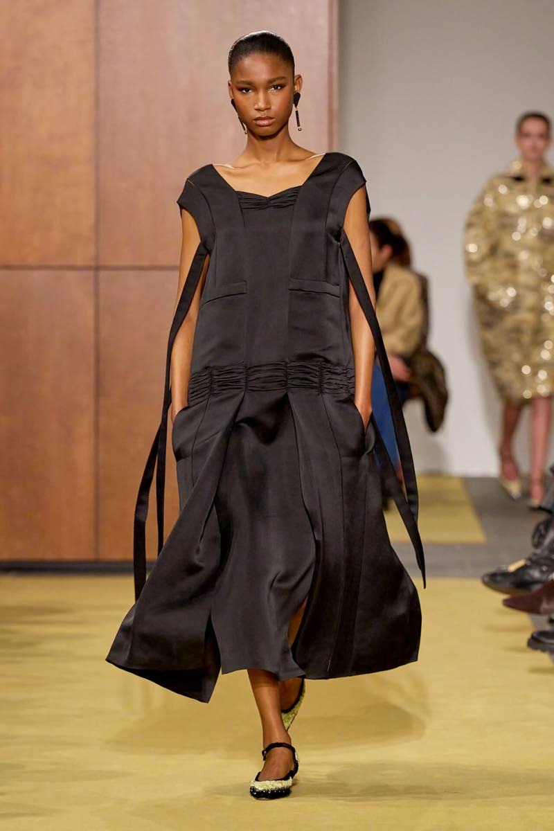 Left: Dru Campbell returned to the runway for womenswear designer Tory Burch’s Fall 2026 collection.