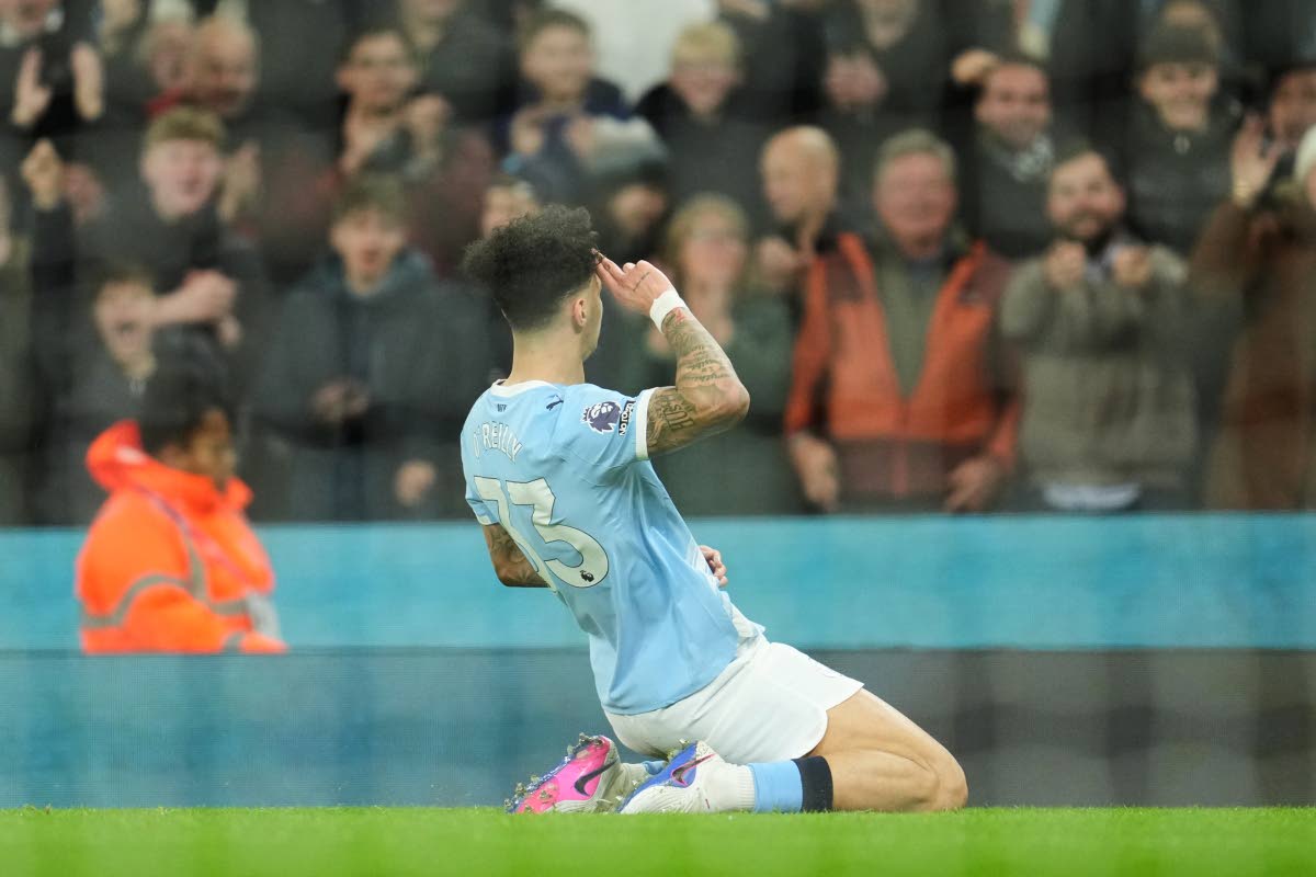 
Manchester City’s Nico O’Reilly celebrates after scoring during the English Premier League football match against Newcastle in Manchester, England, yesterday.