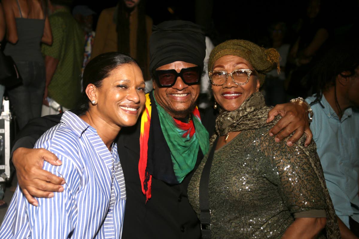 From left: Dr Kurdell Espinosa-Campbell, Maxi Priest and Dr Marcia Griffiths gather in support at A Musical Tribute to Stephen ‘Cat’ Coore.