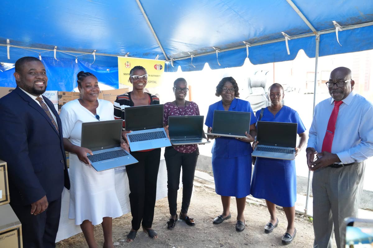 From left: Donmayne Gyles, chief executive officer of Andrews Memorial Hospital; Erica Myers, infection control and prevention nurse at Black River Hospital; Diana Brown-Miller, chief executive officer of Black River Hospital; Jodi-Ann Porter, senior custo