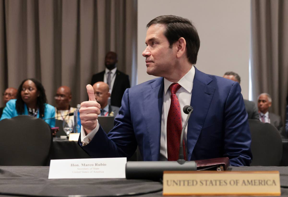 US Secretary of State Marco Rubio gives a thumbs up during the CARICOM plenary session in Basseterre, Saint Kitts and Nevis.