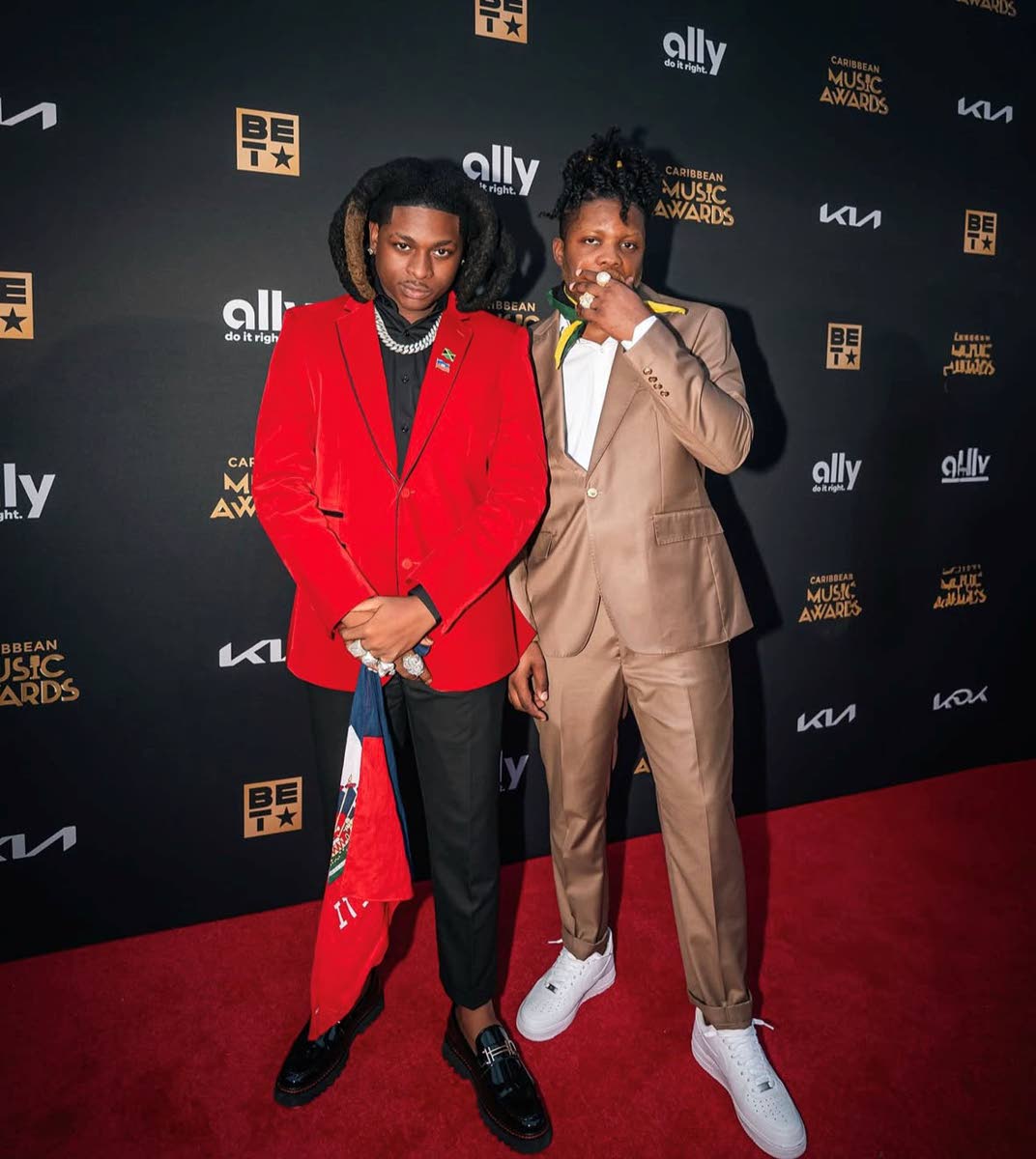 Popular dancehall artiste Ayetian (left) with Producer Nvtzz make their entrance on the red carpet at the 2025 Caribbean Music Awards.