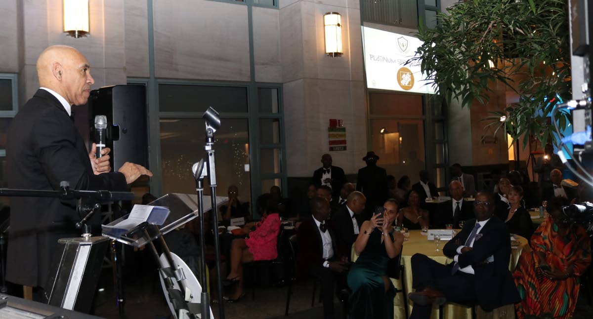 Jamaica’s Ambassador to the United States, Major General (Ret’d) Antony Anderson, delivers the feature address during the Dave ‘Wagga’ Hunt Foundation’s 12th annual red carpet gala at the National Education Association Atrium Building downtown Wa