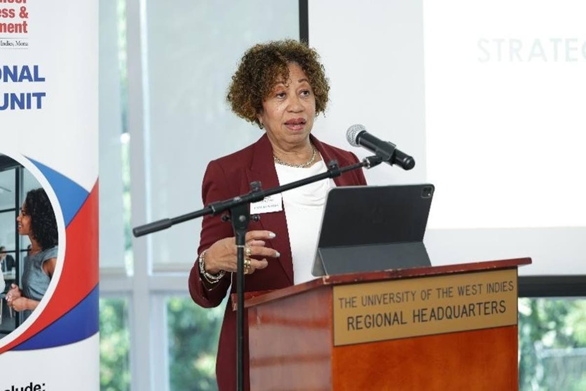 Diane Edwards, director of the Professional Services Unit at the Mona School of Business and Management (MSBM), delivers opening remarks at the MSBM Strategic Insights Seminar Series – Seminar 2 held at The University of the West Indies Regional Headquar