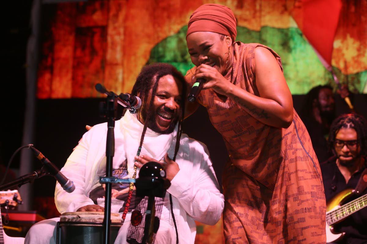 Queen Ifrica joins Stephen Marley on stage during the tribute concert for Joseph ‘Jo Mersa’ Marley at the Bob Marley Museum.