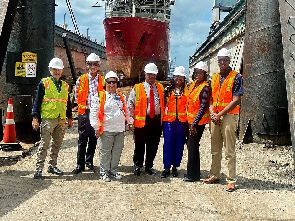 Martin Rickman (left), chief executive officer of German Ship Repair Jamaica Ltd, gives members of the Shipping Association of Jamaica’s management committee a tour of the company’s dry dock facility.
