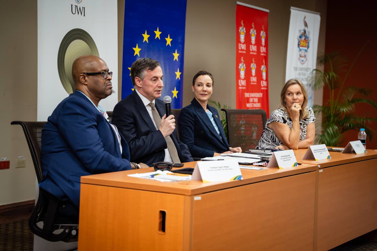 From left: Professor Lloyd Waller, director, SALISES ,The UWI Mona; David McAllister, member of the European Parliament; Minister of Foreign Affairs and Foreign Trade Senator Kamina Johnson Smith, and Dr Erja Askola, EU ambassador to Jamaica, following the
