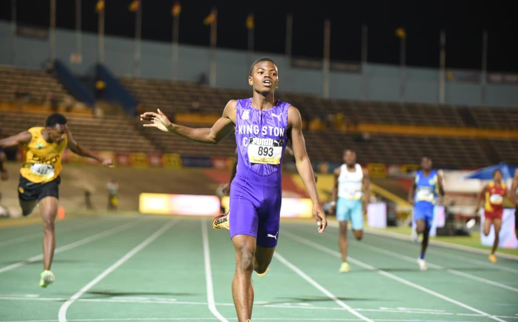 Jason Pitter of Kingston College smashes the Boys’ Class Two 400m record on day three of the ISSA GraceKennedy Boys and Girls’ Athletics Championships at the National Stadium last night.