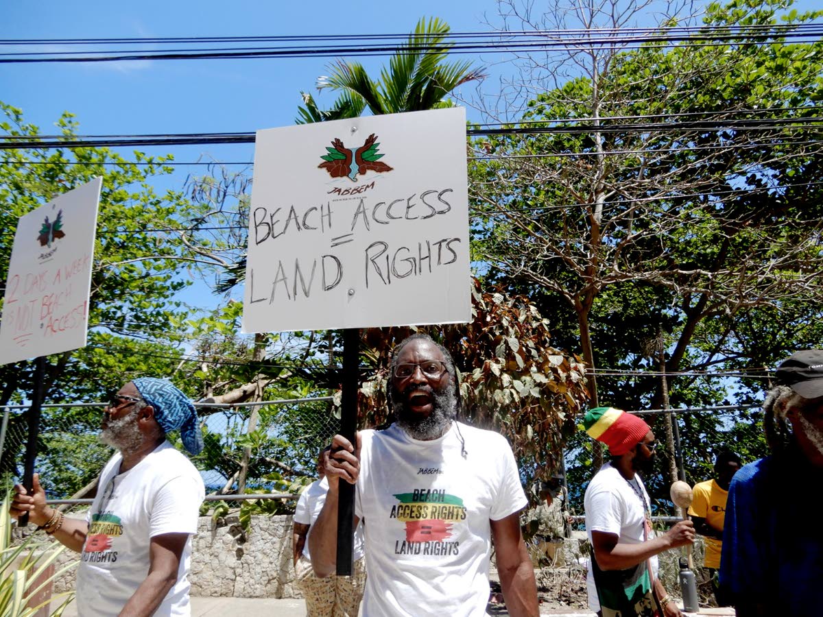 Dr Devon Taylor, president of Jamaica Beach Birthright Environmental Movement, leading a protest at Little Dunn’s River in this March 2024 photograph.