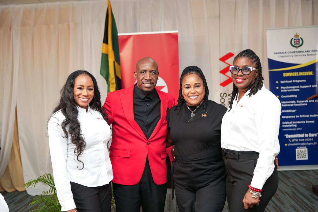 Deputy Chaplain, Rev Dr Courtney Faulknor (second left) is joined by (from left) Marsean Mullings-Thomas senior financial service specialist, Charmaine McConnell-Taylor, manager, sales and services and Michelle Wallace, assistant manager business services 